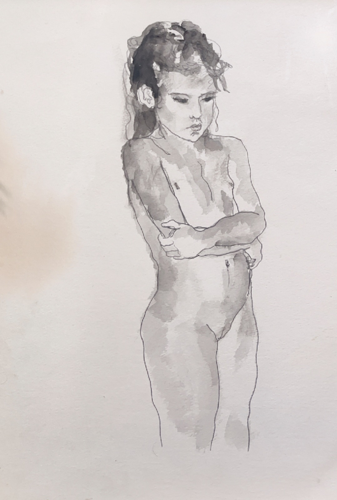 Standing child figure study, ink wash