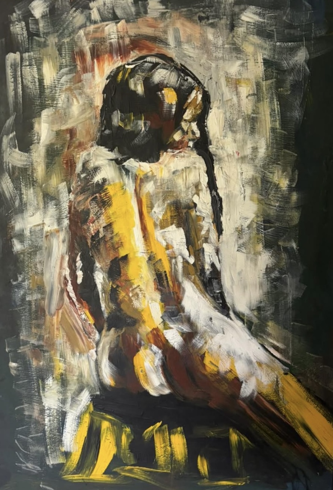Seated figure from behind, gestural painting