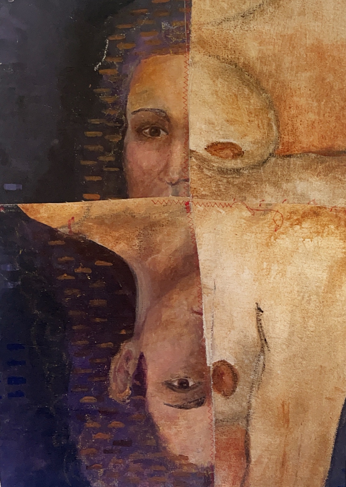 Two figures, stitched collage